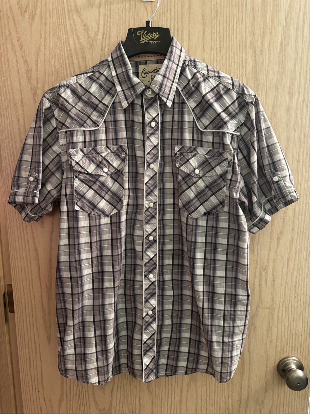 Coastal “Tommy shirt “ pearl snaps western Plaid Shirt in Gray